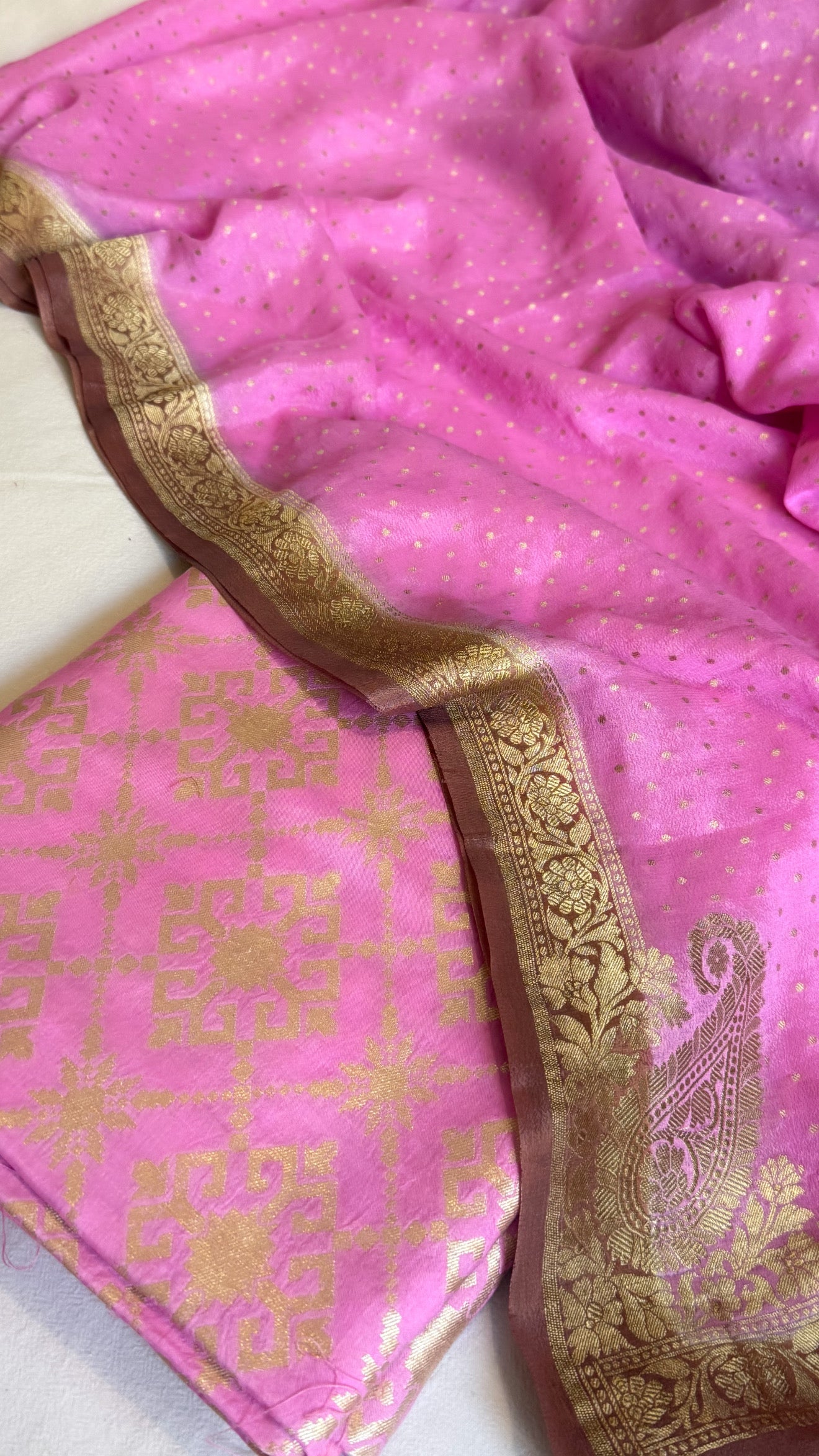 Banarasi hot pink-brown chiniya silk kurta paired with gorgette kadhwa duppata set